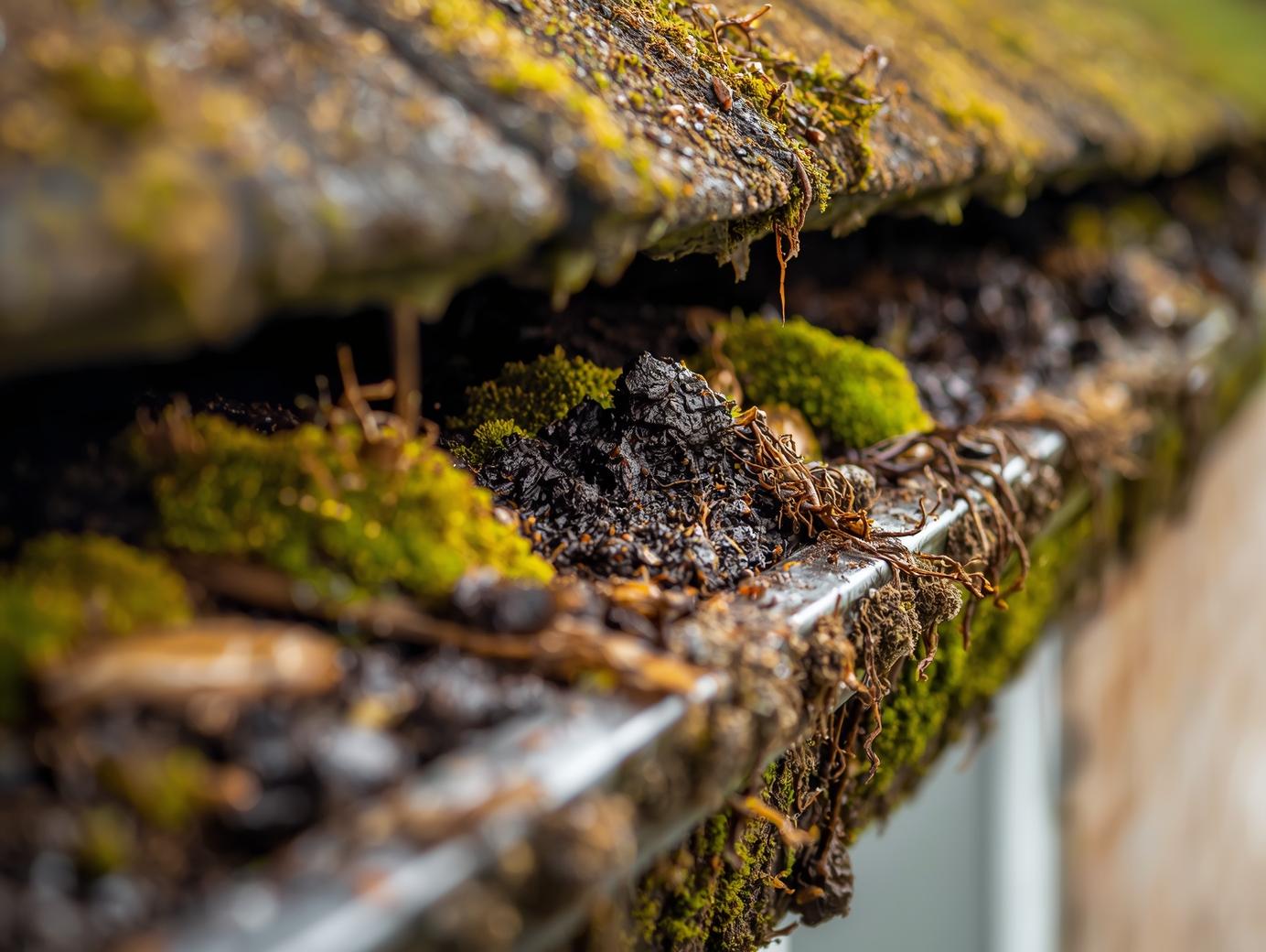 少し引き写真で軒樋にコケや泥が詰まっている写真