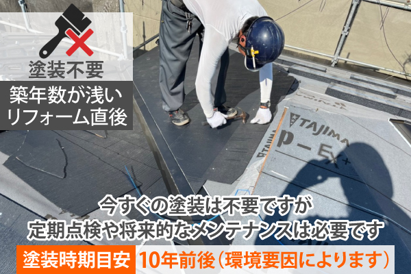 今すぐの塗装は不要ですが定期点検や将来的なメンテナンスは必要です。塗装時期目安は10年前後（環境要因によります）